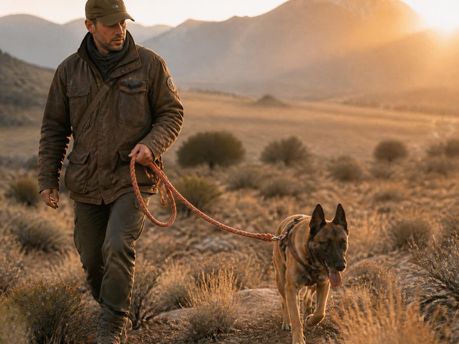 German Shepherd on a foggy ridge held on a coral ROVR rope leash